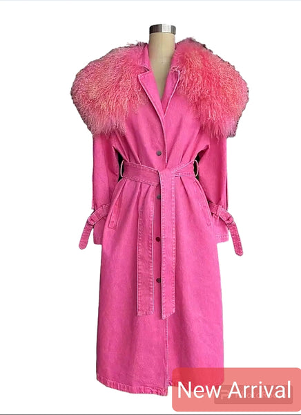 Long Belted Demin Trench Coat with Detachable Mongolian Fur Collar