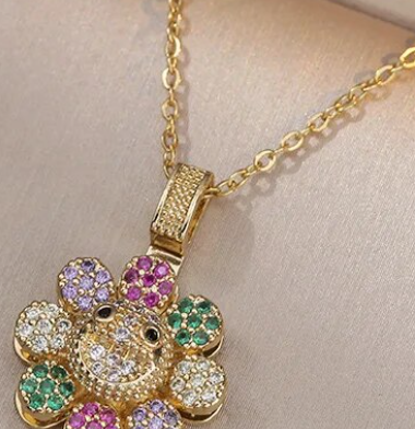 Stainless Steel Gold Plated Colorful Smile Sunflower Rotatable Pendant Necklace