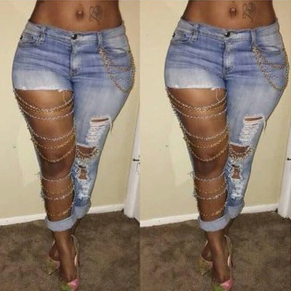 Distress jeans with metal chains