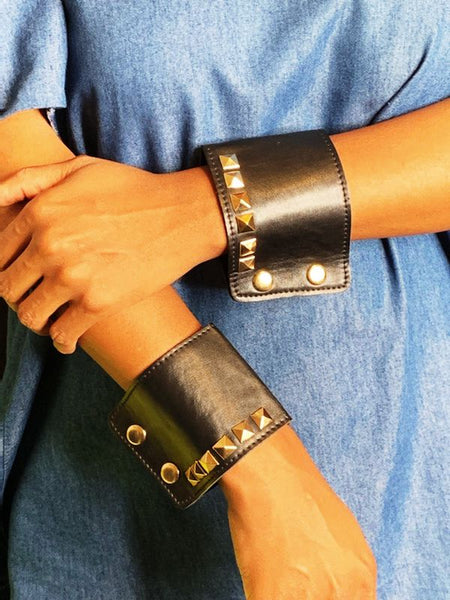 Faux Leather Cuffs with Gold Stud Trim