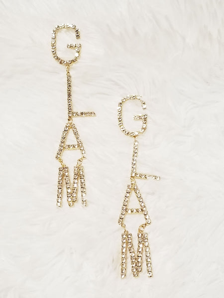 Glamourous" Glam letters" Gold and Rhinestone Costume Earrings