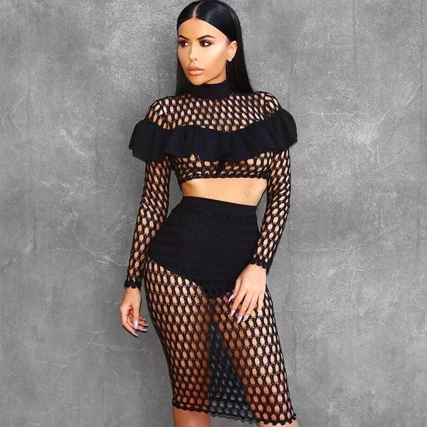 Women Long Sleeve Crop Top Netted Skirt Set