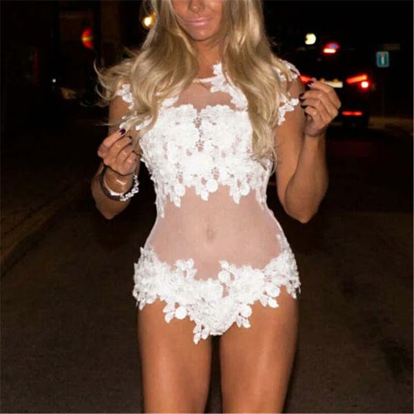 Sheer See through Romper with Lace Appliques