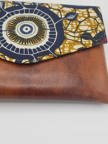100% Authentic Handmade Leather Clutch with Ankara Fabric