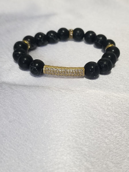 Handmade Natural Stone Beaded Stretch Bracelet with Zirconia Accents