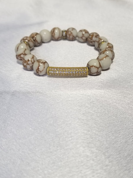Handmade Natural Stone Beaded Stretch Bracelet with Zirconia Accents