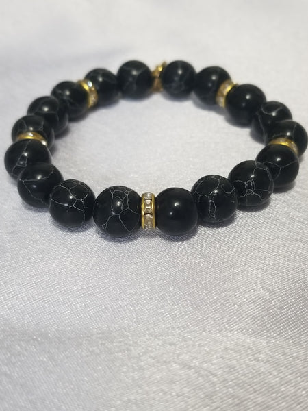 Handmade Natural Stone Beaded Stretch Bracelet with Zirconia Accents