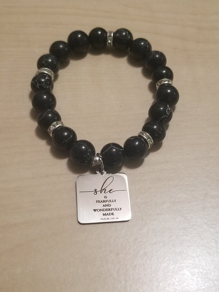 Handmade She is Fearfully & Wonderfully Made Stone Beaded Stretched Bracelet
