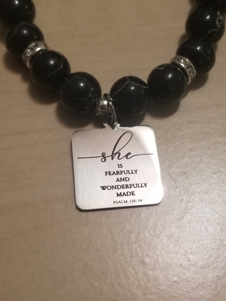 Handmade She is Fearfully & Wonderfully Made Stone Beaded Stretched Bracelet
