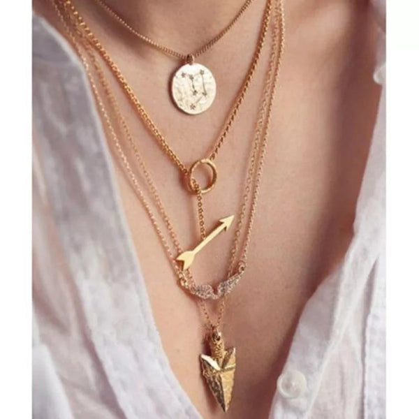 Gold Multi-layered Chain Necklace with Triangle/ Arrow/ Wing Pendants
