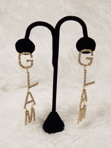 Glamourous" Glam letters" Gold and Rhinestone Costume Earrings