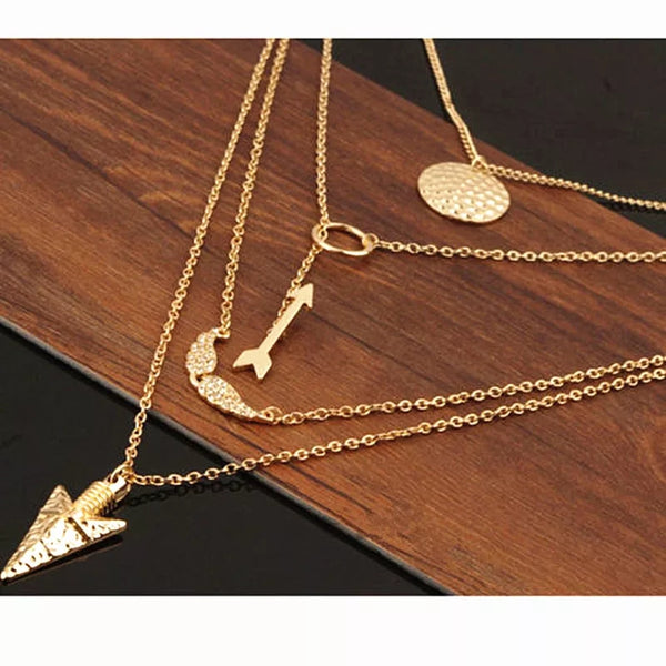 Gold Multi-layered Chain Necklace with Triangle/ Arrow/ Wing Pendants