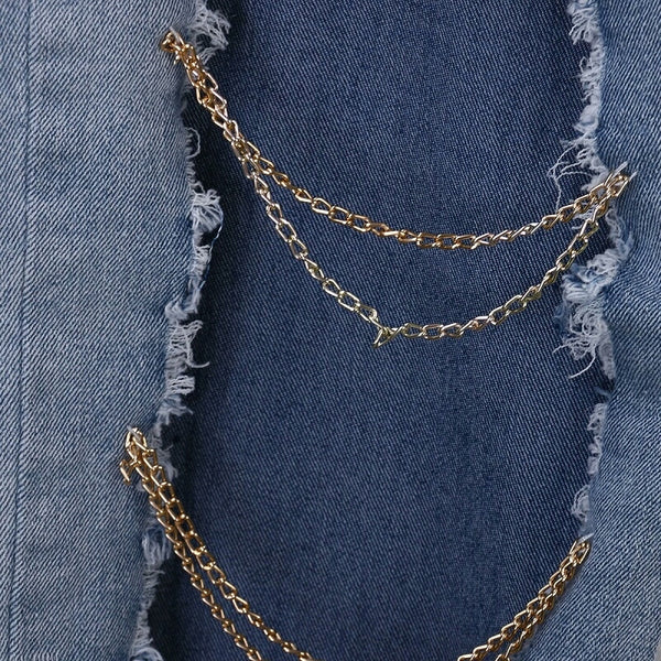 Distress jeans with metal chains