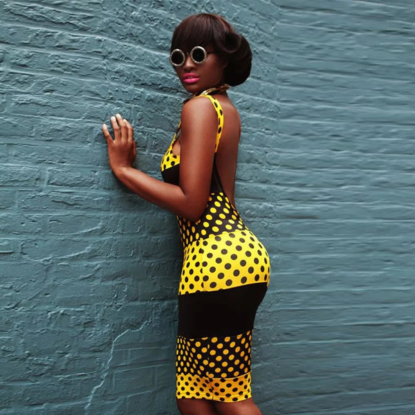 Ladies Summer Yellow and Black Polka Dot Knee Length Tank Dress