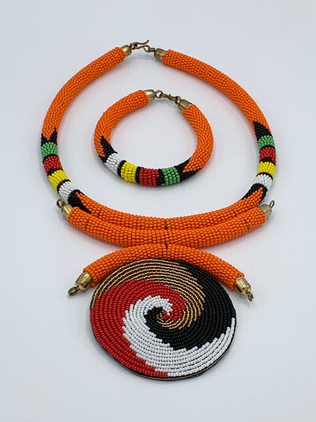 Handmade Orange Ethnic Pendant Necklace Set