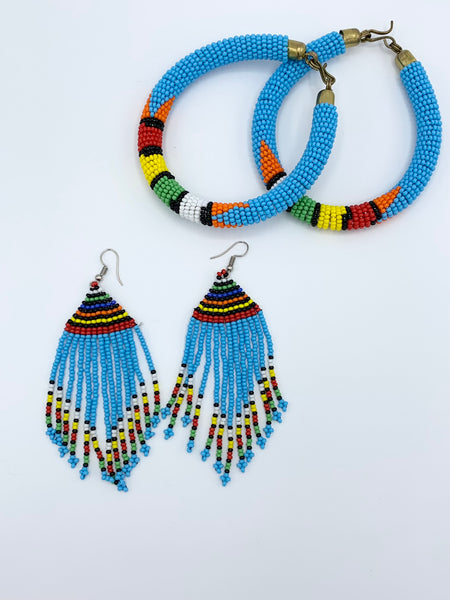 Handmade Ethnic Multi-color Blue Earring & Bracelet Set