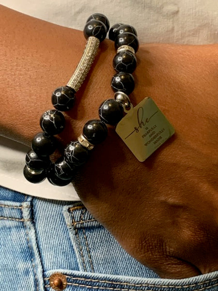 Handmade Natural Stone Beaded Stretch Bracelet with Zirconia Accents