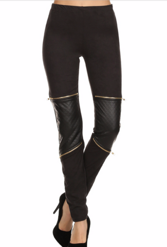 Black Leather Leggings with Gold Zippers