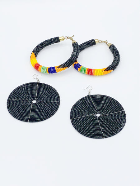 Ethnic Beaded Cylinder Earrings and Handmade Bracelet Set